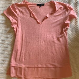 Peach color top, front seam and gathered shoulders